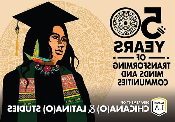 graphic of student in graduation regalia with 50 years of transorming minds and communitis written on side